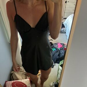 Princess polly Black satin mini dress with scalloped neckline
